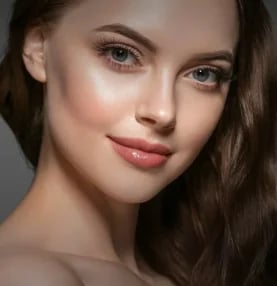 Woman with long brown hair, three-quarter view of a refined nose and brow