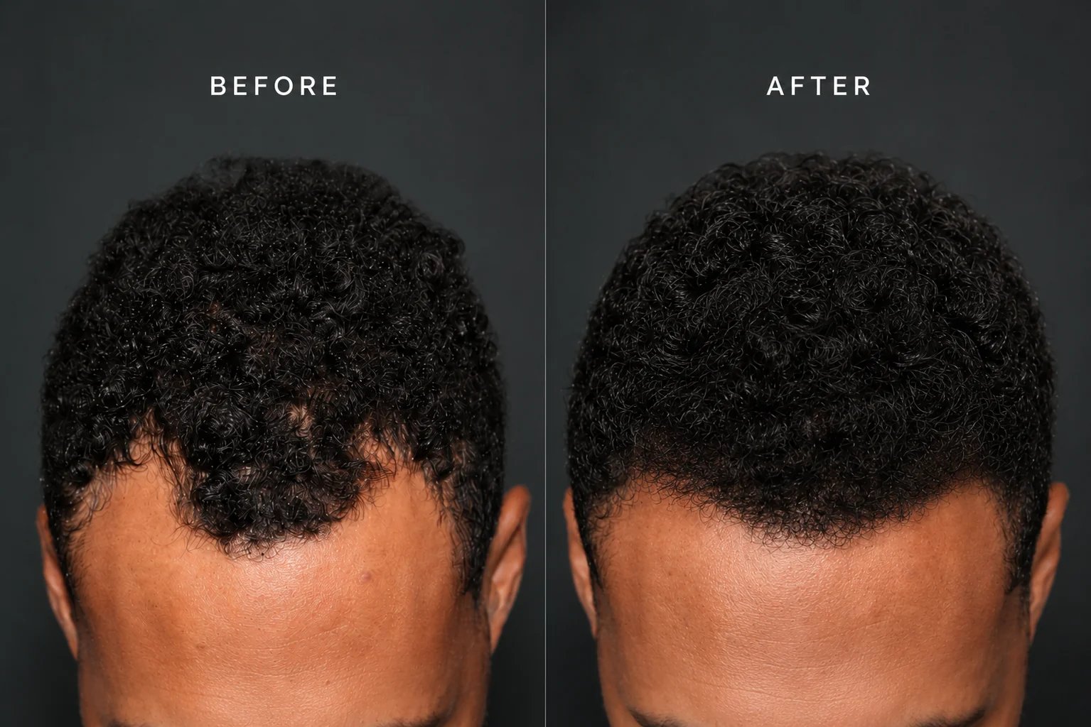 Hair transplant before and after — hairline restoration by Dr. William Harris, Beverly Hills