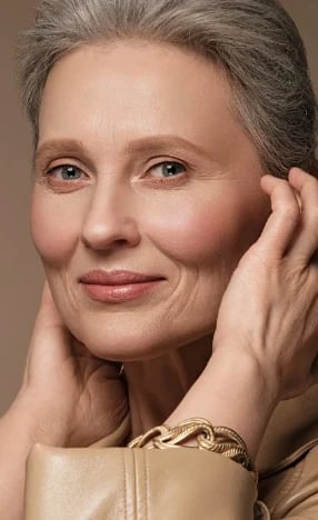 Woman with silver hair and smooth, healthy skin, hands framing her face