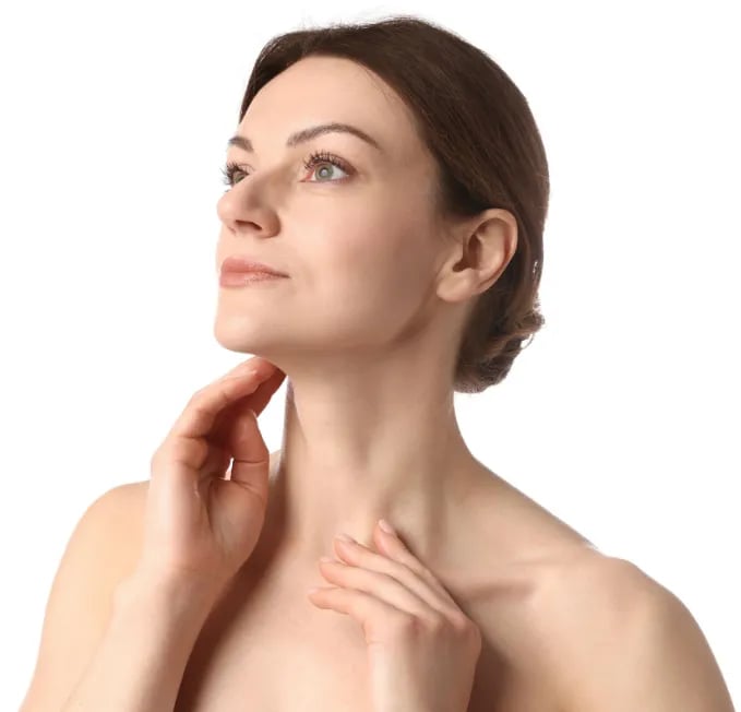 Patient indicating the area beneath the jawline