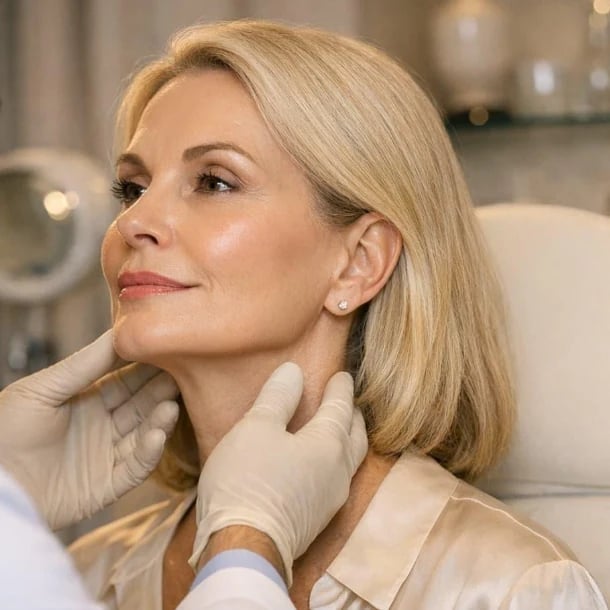 Clinician assessing a patient's jawline and lower face before filler correction